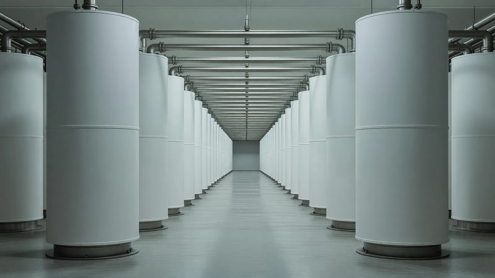 Rows of gas centrifuges in an enrichment cascade hall — Centrus scales HALEU production under a $900M task order. Illustration: NNN