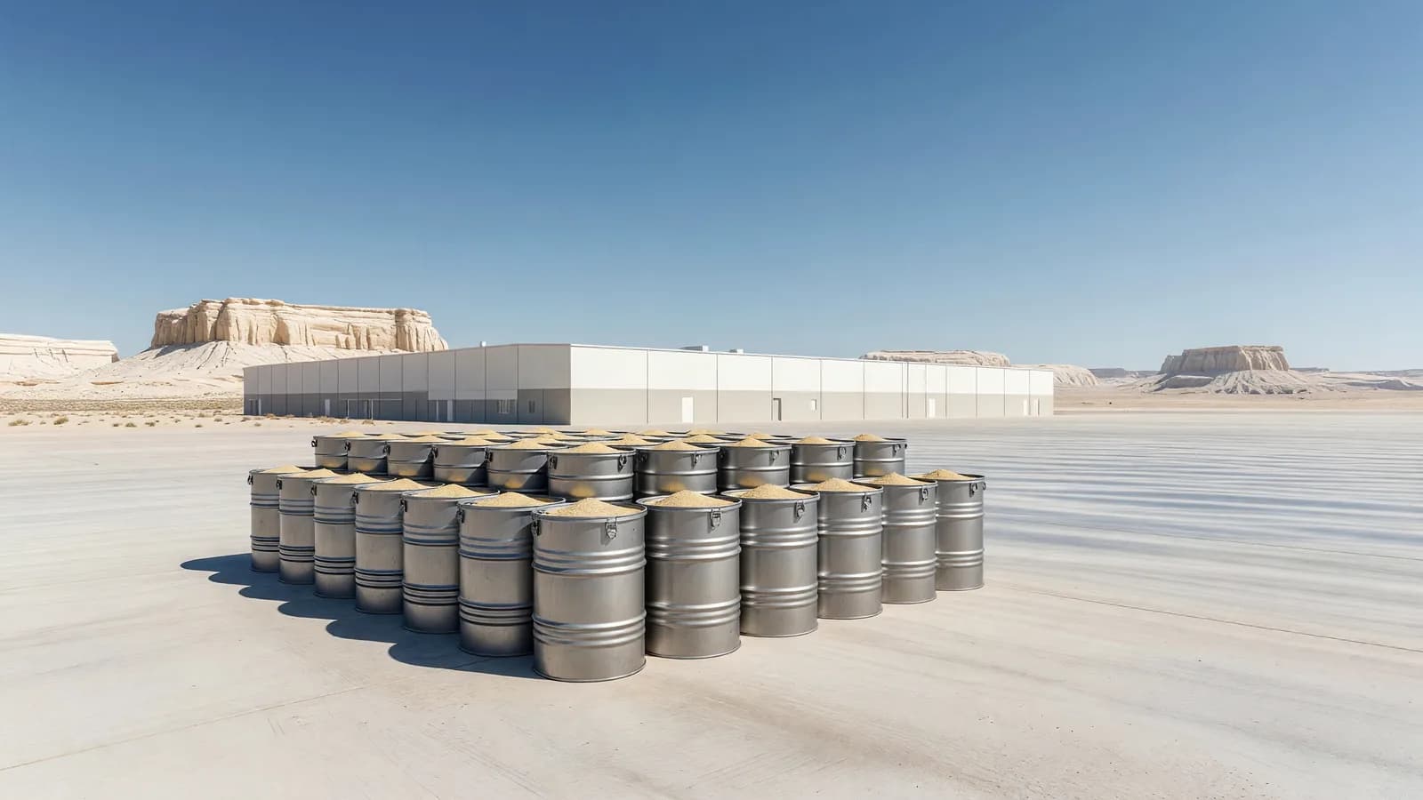 Rows of steel drums filled with yellowcake uranium concentrate on a concrete pad at a desert processing facility in the American Southwest, representing the NNSA's Request for Information for roughly 4 million pounds per year of U.S.-mined uranium through the 2040s. Illustration: NNN