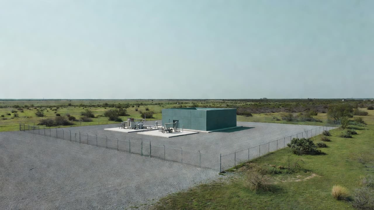 A compact green reactor hall on a fenced gravel pad in open Texas scrubland — Oklo's Groves facility after DOE startup authorization. Illustration: NNN