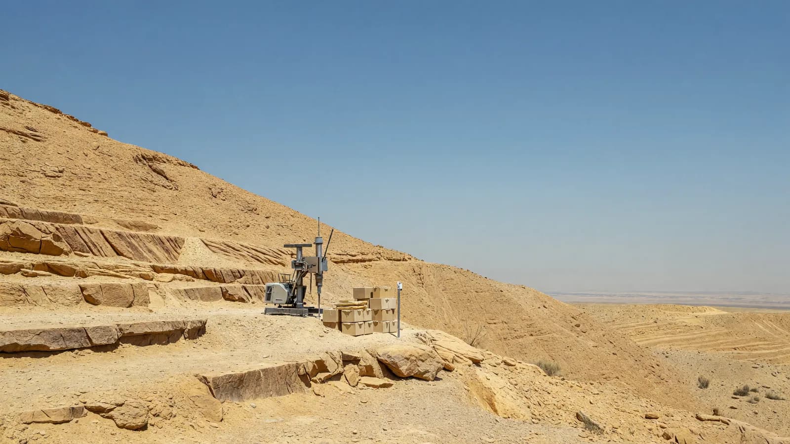 A geological drill rig and stacked core sample boxes on a terraced desert ridge at the Jabal Sayid exploration site in Saudi Arabia's Madinah region, where the government announced uranium-bearing ore. Illustration: NNN